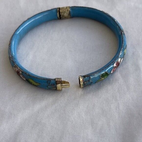 Vintage Cloisonne Women’s bangle Bracelet Light Blue Turquoise color floral 7.5” - Picture 13 of 14